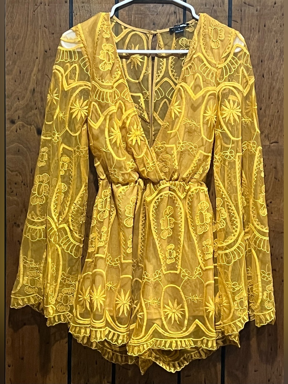 Fashion Nova Mustard Yellow Embroidered Mesh Romper